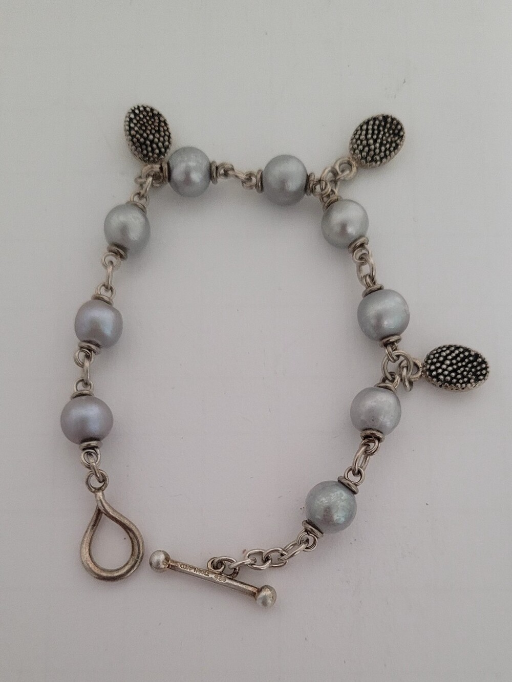 Stephen Dweck Sterling Silver Grey Pearl With 3 S/S Charms Toggle Bracelet